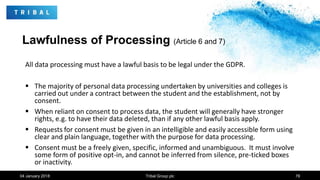 Lawfulness of Processing (Article 6 and 7)
All data processing must have a lawful basis to be legal under the GDPR.
 The majority of personal data processing undertaken by universities and colleges is
carried out under a contract between the student and the establishment, not by
consent.
 When reliant on consent to process data, the student will generally have stronger
rights, e.g. to have their data deleted, than if any other lawful basis apply.
 Requests for consent must be given in an intelligible and easily accessible form using
clear and plain language, together with the purpose for data processing.
 Consent must be a freely given, specific, informed and unambiguous. It must involve
some form of positive opt-in, and cannot be inferred from silence, pre-ticked boxes
or inactivity.
04 January 2018 Tribal Group plc 78
 