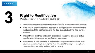3  Data Subjects are entitled to have data rectified if it is inaccurate or incomplete.
 If the data in question has been disclosed to third parties, you must inform the
third parties of the rectification, and the Data Subject about the third parties
involved.
 The controller must respond within one month. This can be extended by two
months where the request for rectification is complex.
 If you decide to take no action in response to a request for rectification, then
you must explain why, informing the Data Subject of their right to complain to
the supervisory authority and to a judicial remedy.
Tribal Group plc 88
Right to Rectification
(Article 5(1)(d), 16; Recital 39, 59, 65, 73)
 
