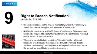 9  Breach notifications to the ICO are mandatory where they are likely to
“result in a risk for the rights and freedoms of individuals”.
 Notification must occur within 72 hours of the breach. Data processors
will also be required to notify their customers, the controllers, “without
undue delay” of any data breach.
 Where a breach is likely to result in a “high risk” to the rights and
freedoms of individuals, those concerned must be notified directly
“without undue delay,” and be provide with specific information about
the steps they should take to protect themselves.
Tribal Group plc 94
Right to Breach Notification
(Article 34, A29 WP)
 