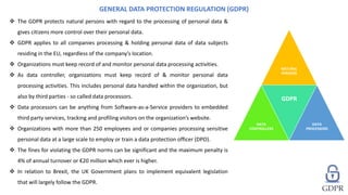  The GDPR protects natural persons with regard to the processing of personal data &
gives citizens more control over their personal data.
 GDPR applies to all companies processing & holding personal data of data subjects
residing in the EU, regardless of the company’s location.
 Organizations must keep record of and monitor personal data processing activities.
 As data controller, organizations must keep record of & monitor personal data
processing activities. This includes personal data handled within the organization, but
also by third parties - so called data processors.
 Data processors can be anything from Software-as-a-Service providers to embedded
third party services, tracking and profiling visitors on the organization’s website.
 Organizations with more than 250 employees and or companies processing sensitive
personal data at a large scale to employ or train a data protection officer (DPO).
 The fines for violating the GDPR norms can be significant and the maximum penalty is
4% of annual turnover or €20 million which ever is higher.
 In relation to Brexit, the UK Government plans to implement equivalent legislation
that will largely follow the GDPR.
GENERAL DATA PROTECTION REGULATION (GDPR)
NATURAL
PERSONS
DATA
CONTROLLERS
GDPR
DATA
PROCESSORS
 