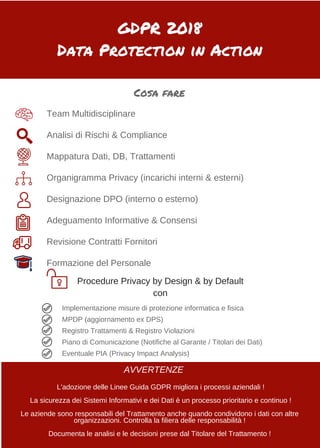 GDPR 2018
Data Protection in Action
Cosa fare
Team Multidisciplinare
Analisi di Rischi & Compliance
Mappatura Dati, DB, Trattamenti
Organigramma Privacy (incarichi interni & esterni)
Designazione DPO (interno o esterno)
Adeguamento Informative & Consensi
Revisione Contratti Fornitori
Formazione del Personale
Procedure Privacy by Design & by Default
con
Implementazione misure di protezione informatica e fisica
MPDP (aggiornamento ex DPS)
Registro Trattamenti & Registro Violazioni
Piano di Comunicazione (Notifiche al Garante / Titolari dei Dati)
Eventuale PIA (Privacy Impact Analysis)
Avvertenze
AVVERTENZE
L'adozione delle Linee Guida GDPR migliora i processi aziendali !
La sicurezza dei Sistemi Informativi e dei Dati è un processo prioritario e continuo !
Le aziende sono responsabili del Trattamento anche quando condividono i dati con altre
organizzazioni. Controlla la filiera delle responsabilità !
Documenta le analisi e le decisioni prese dal Titolare del Trattamento !
 