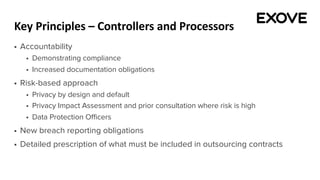 Key Principles – Controllers and Processors
§ Accountability
§ Demonstrating compliance
§ Increased documentation obligations
§ Risk-based approach
§ Privacy by design and default
§ Privacy Impact Assessment and prior consultation where risk is high
§ Data Protection Officers
§ New breach reporting obligations
§ Detailed prescription of what must be included in outsourcing contracts
 