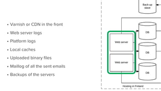 § Varnish or CDN in the front
§ Web server logs
§ Platform logs
§ Local caches
§ Uploaded binary files
§ Maillog of all the sent emails
§ Backups of the servers
 