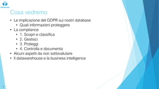 Cosa vedremo
3
• Le implicazione del GDPR sui nostri database
• Quali informazioni proteggere
• La compliance
• 1. Scopri e classifica
• 2. Gestisci
• 3. Proteggi
• 4. Controlla e documenta
• Alcuni aspetti da non sottovalutare
• Il datawarehouse e la business intelligence
 