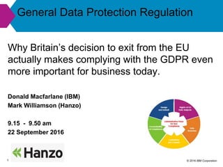 © 2016 IBM Corporation1
Why Britain’s decision to exit from the EU
actually makes complying with the GDPR even
more important for business today.
Donald Macfarlane (IBM)
Mark Williamson (Hanzo)
9.15 - 9.50 am
22 September 2016
General Data Protection Regulation
 