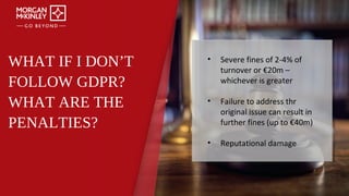 WHAT IF I DON’T
FOLLOW GDPR?
WHAT ARE THE
PENALTIES?
• Severe fines of 2-4% of
turnover or €20m –
whichever is greater
• Failure to address thr
original issue can result in
further fines (up to €40m)
• Reputational damage
 