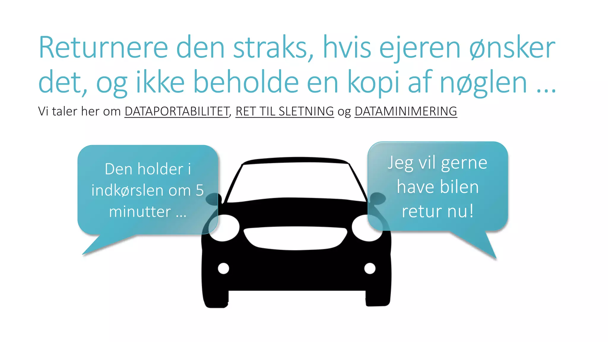 Returnere den straks, hvis ejeren ønsker
det, og ikke beholde en kopi af nøglen …
Vi taler her om DATAPORTABILITET, RET TIL SLETNING og DATAMINIMERING
Den holder i
indkørslen om 5
minutter …
Jeg vil gerne
have bilen
retur nu!
 