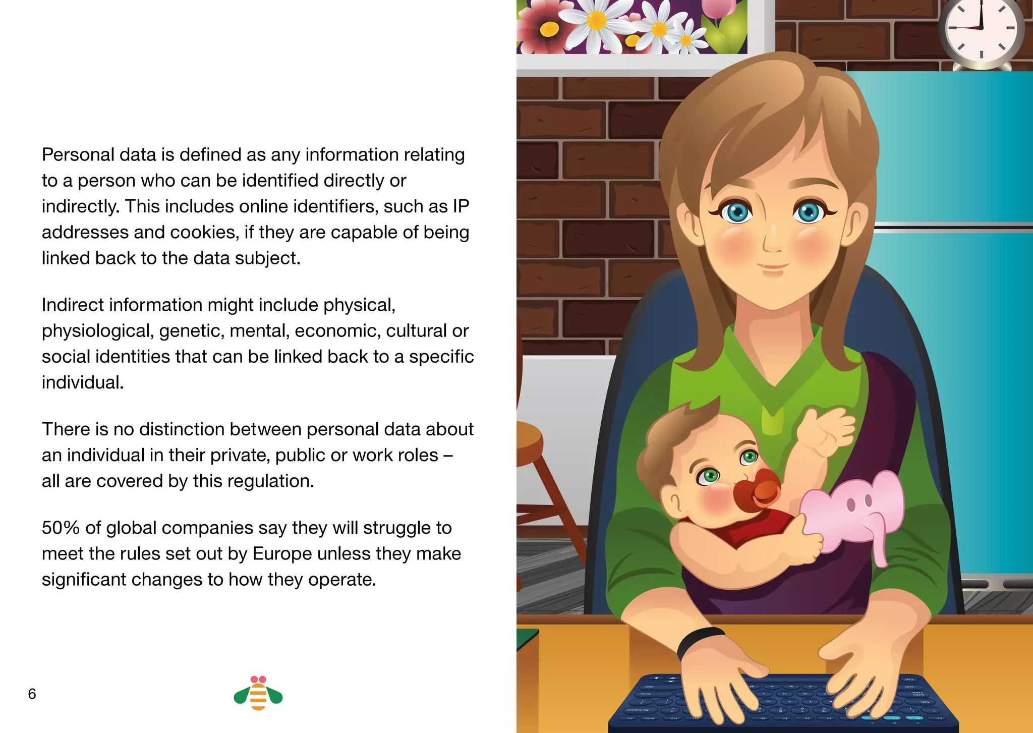 6
Personal data is defined as any information relating
to a person who can be identified directly or
indirectly. This includes online identifiers, such as IP
addresses and cookies, if they are capable of being
linked back to the data subject.
Indirect information might include physical,
physiological, genetic, mental, economic, cultural or
social identities that can be linked back to a specific
individual.
There is no distinction between personal data about
an individual in their private, public or work roles –
all are covered by this regulation.
50% of global companies say they will struggle to
meet the rules set out by Europe unless they make
significant changes to how they operate.
BACK NEXT
 