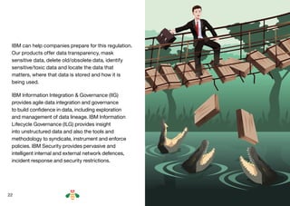 22
IBM can help companies prepare for this regulation.
Our products offer data transparency, mask
sensitive data, delete old/obsolete data, identify
sensitive/toxic data and locate the data that
matters, where that data is stored and how it is
being used.
IBM Information Integration  Governance (IIG)
provides agile data integration and governance
to build confidence in data, including exploration
and management of data lineage. IBM Information
Lifecycle Governance (ILG) provides insight
into unstructured data and also the tools and
methodology to syndicate, instrument and enforce
policies. IBM Security provides pervasive and
intelligent internal and external network defences,
incident response and security restrictions.
BACK NEXT
 