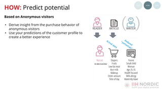 Based on Anonymous visitors
• Derive insight from the purchase behavior of
anonymous visitors
• Use your predictions of the customer proﬁle to
create a better experience
HOW: Predict potential
 