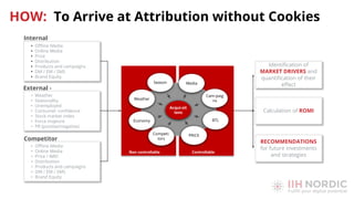 Internal
activities
External -
Macro
Competitor
s
Identiﬁcation of
MARKET DRIVERS and
quantiﬁcation of their
eﬀect
Calculation of ROMI
RECOMMENDATIONS
for future investments
and strategies
Media
BTL
PRICE
Cam-paig
ns
Season
Weather
Economy
Competi-
tors
Acqui-sit
ions
HOW: To Arrive at Attribution without Cookies
• Oﬄine Media
• Online Media
• Price / IMEI
• Distribution
• Products and campaigns
• DM / EM / SMS
• Brand Equity
• Weather
• Seasonality
• Unemployed
• Consumer conﬁdence
• Stock market index
• Force majeure
• PR (positive/negative)
• Oﬄine Media
• Online Media
• Price
• Distribution
• Products and campaigns
• DM / EM / SMS
• Brand Equity
 