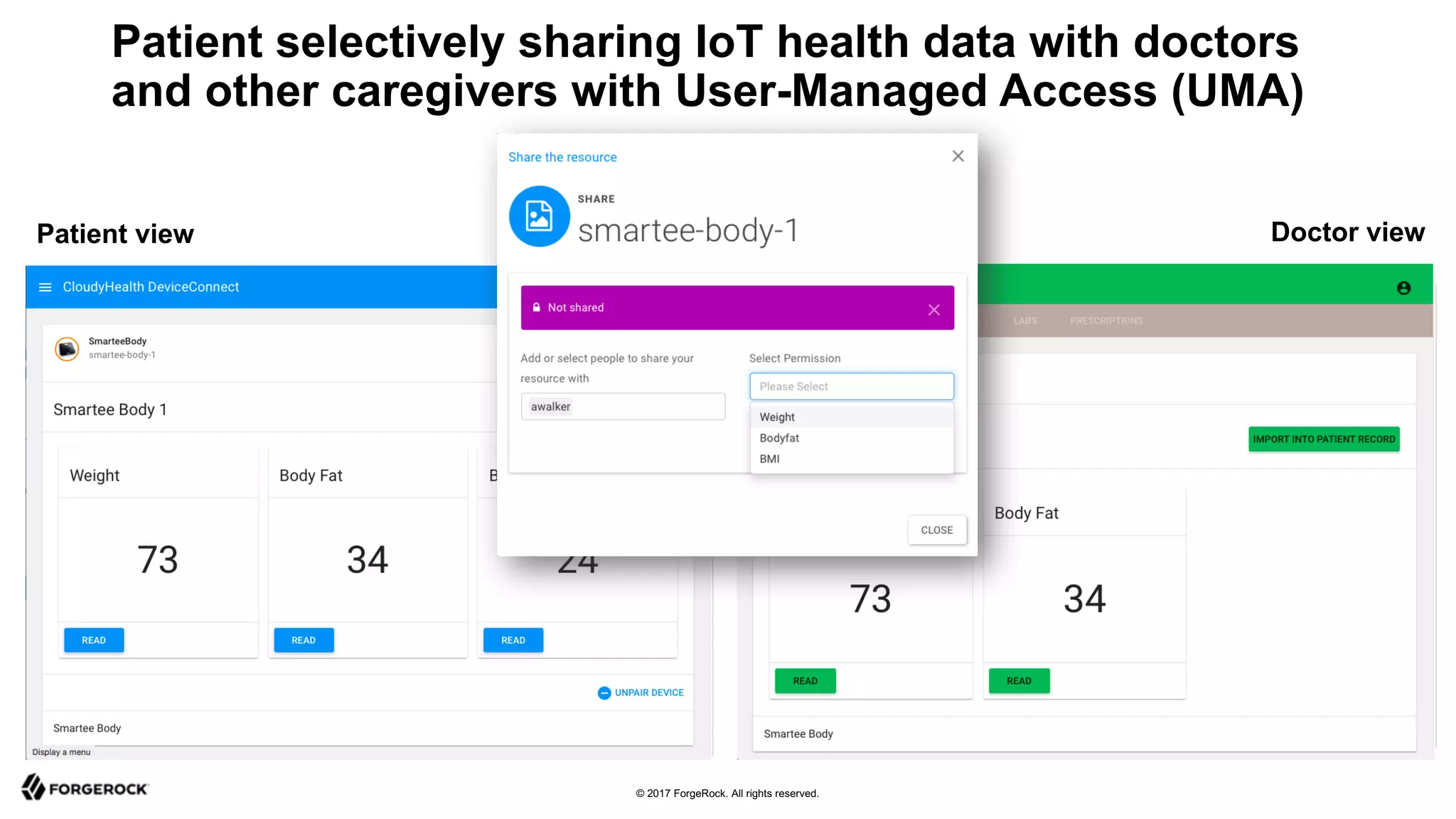 © 2017 ForgeRock. All rights reserved.
Patient selectively sharing IoT health data with doctors
and other caregivers with User-Managed Access (UMA)
Patient view Doctor view
 