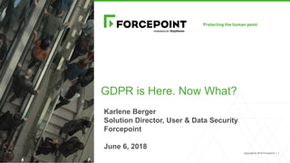 Copyright © 2018 Forcepoint. | 1
Karlene Berger
Solution Director, User & Data Security
Forcepoint
June 6, 2018
GDPR is Here. Now What?
 