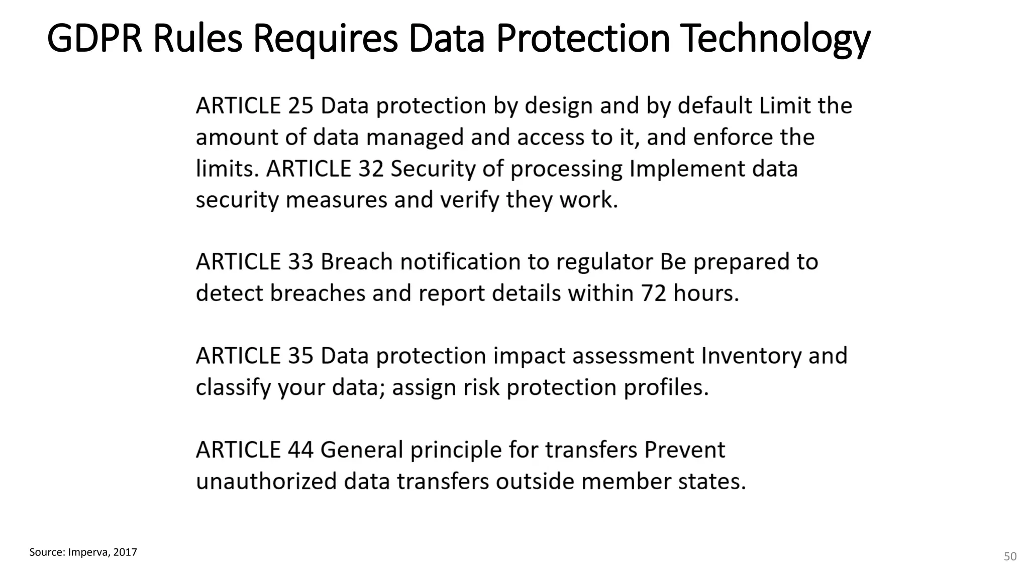 GDPR Rules Requires Data Protection Technology
Source: Imperva, 2017 50
 