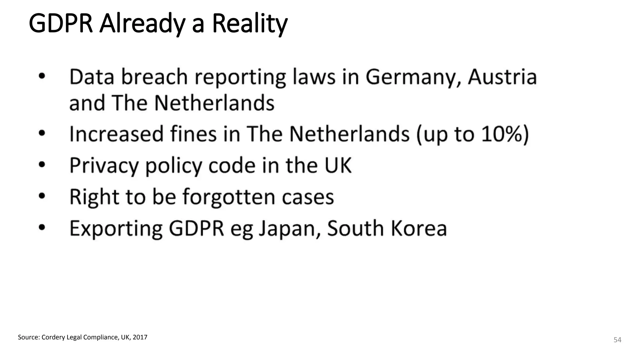 GDPR Already a Reality
Source: Cordery Legal Compliance, UK, 2017 54
 