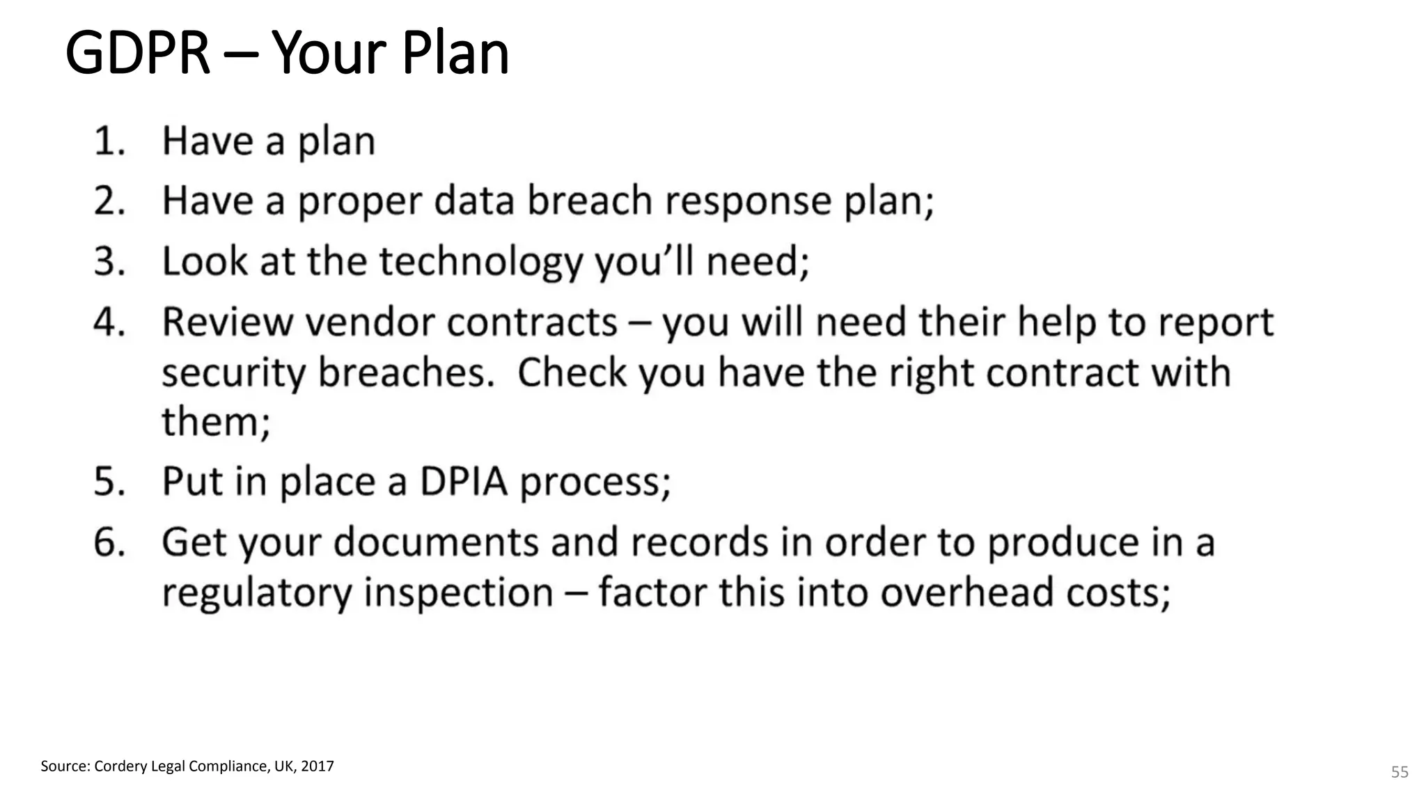 GDPR – Your Plan
Source: Cordery Legal Compliance, UK, 2017 55
 