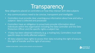 TransparencyNew obligations placed on controllers on how they interact with data subjects
• Any communications need to be ...