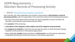 GDPR Requirements –
Maintain Records of Processing Activity
12
1. Article 30 - https://www.privacy-regulation.eu/en/30.htm
Each controller and, where applicable, the controller's representative, shall maintain a record of
processing activities under its responsibility. That record shall contain all of the following information:
(a)the name and contact details of the controller and, where applicable, the joint controller, the
controller's representative and the data protection officer;
(b)the purposes of the processing;
(c)a description of the categories of data subjects and of the categories of personal data;
(d)the categories of recipients to whom the personal data have been or will be disclosed including
recipients in third countries or international organizations;
(e)where applicable, transfers of personal data to a third country or an international organization,
including the identification of that third country or international organization
 