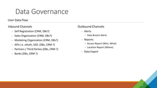 Data Governance
16
User Data Flow
Inbound Channels
– Self Registration (CRM, DBs?)
– Sales Organization (CRM, DBs?)
– Marketing Organization (CRM, DBs?)
– APIs i.e. oAuth, SSO. (DBs, CRM ?)
– Partners / Third Parties (DBs, CRM ?)
– Banks (DBs, CRM ?)
Outbound Channels
– Alerts
• Data Breach Alerts
– Reports
• Access Report (Who, What)
• Location Report (Where)
– Data Export
 