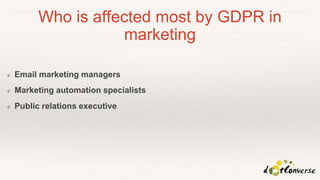Who is affected most by GDPR in
marketing
❖ Email marketing managers
❖ Marketing automation specialists
❖ Public relations executive
 