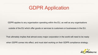 GDPR Application
GDPR applies to any organisation operating within the EU, as well as any organisations
outside of the EU which offer goods or services to customers or businesses in the EU.
That ultimately implies that almost every major corporation in the world will need to be ready
when GDPR comes into effect, and must start working on their GDPR compliance strategy.
 