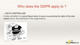 Who does the GDPR apply to ?
❖ DATA CONTROLLER
A data controller is a central figure when it comes to protecting the rights of the data
subject (a.k.a. the individual or the organization).
 