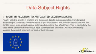 Data Subject Rights
❖ RIGHT IN RELATION TO AUTOMATED DECISION MAKING
Finally, with the growth in profiling and the use of data to make automated, from targeted
advertising or content to credit decisions or job applications, this provides individuals with the
right to object to or appeal against automated decisions that affect them. This is particularly the
case where decisions have serious legal consequences or similar. All such processing
requires the explicit, informed consent of the individual.
 