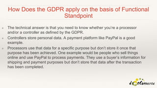 How Does the GDPR apply on the basis of Functional
Standpoint
❖ The technical answer is that you need to know whether you’re a processor
and/or a controller as defined by the GDPR.
❖ Controllers store personal data. A payment platform like PayPal is a good
example.
❖ Processors use that data for a specific purpose but don’t store it once that
purpose has been achieved. One example would be people who sell things
online and use PayPal to process payments. They use a buyer’s information for
shipping and payment purposes but don’t store that data after the transaction
has been completed.
 