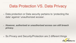 Data Protection VS. Data Privacy
❖ Data protection or Data security pertains to ‘protecting the
data’ against ‘unauthorized access’.
❖ However, authorised or unauthorised access can still breach
privacy.
❖ So Privacy and Security/Protection are 2 different things
 