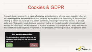 Cookies & GDPR
Consent should be given by a clear affirmative act establishing a freely given, specific, informed
and unambiguous indication of the data subject's agreement to the processing of personal data
relating to him or her, such as by a written statement, including by electronic means, or an oral
statement. This could include ticking a box when visiting an internet website, choosing technical
settings for information society services or another statement or conduct which clearly indicates in
this context the data subject's acceptance of the proposed processing of his or her personal data.
 
