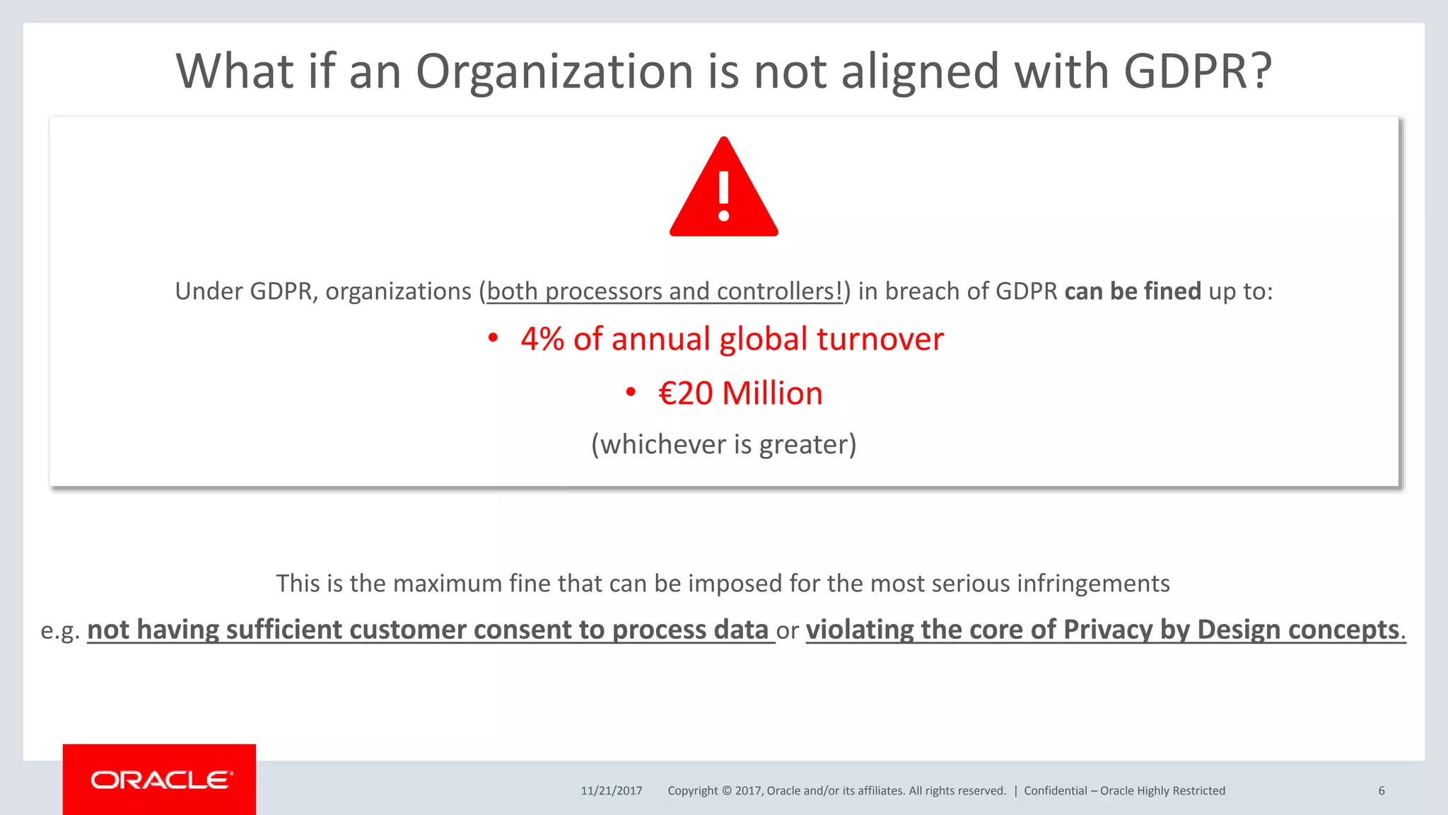 Copyright © 2017, Oracle and/or its affiliates. All rights reserved. |11/21/2017 Confidential – Oracle Highly Restricted 6
What if an Organization is not aligned with GDPR?
This is the maximum fine that can be imposed for the most serious infringements
e.g. not having sufficient customer consent to process data or violating the core of Privacy by Design concepts.
Under GDPR, organizations (both processors and controllers!) in breach of GDPR can be fined up to:
• 4% of annual global turnover
• €20 Million
(whichever is greater)
 