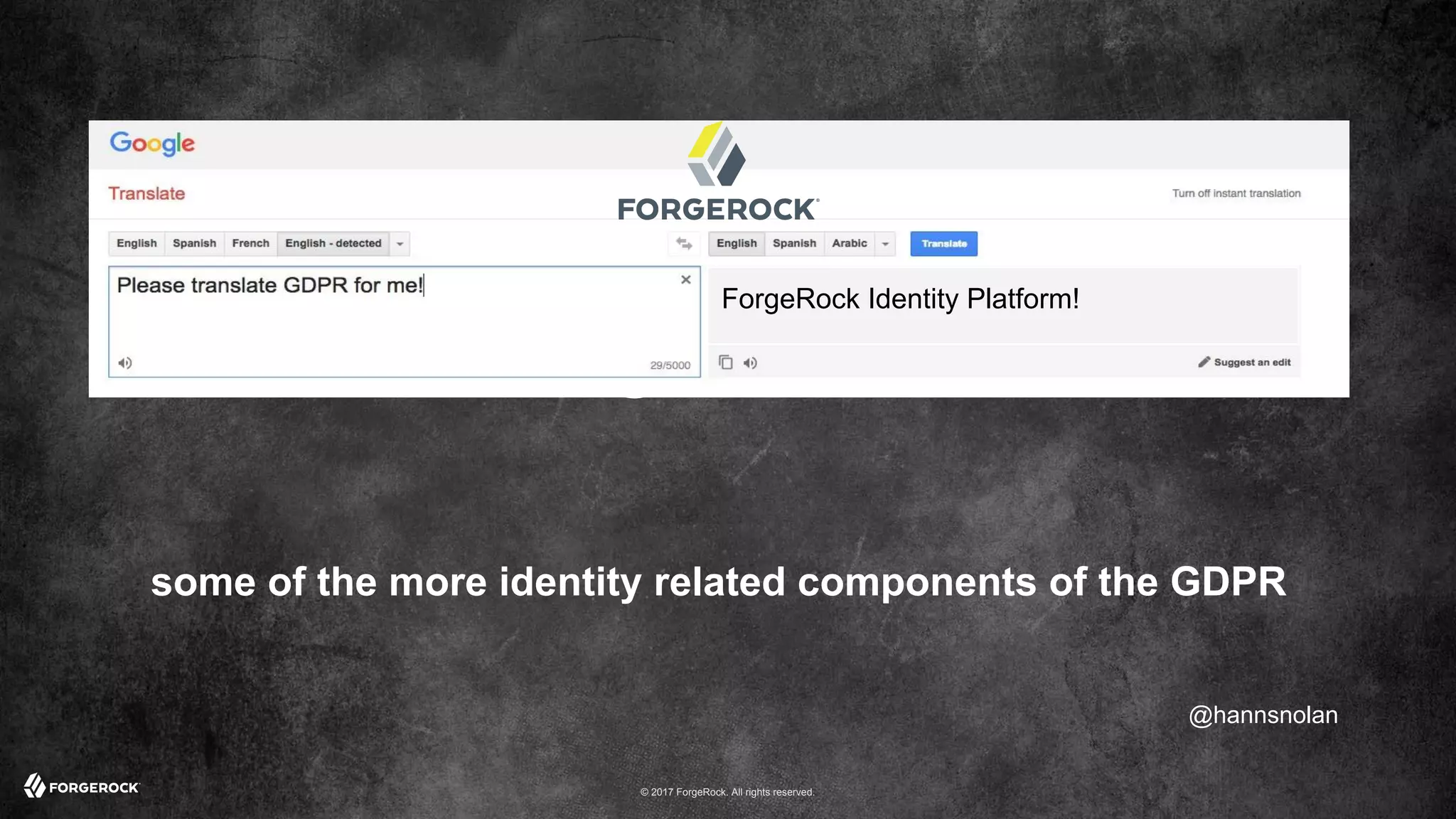 © 2017 ForgeRock. All rights reserved.
GDPR
@hannsnolan
ForgeRock Identity Platform!
some of the more identity related components of the GDPR
 