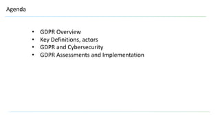 2
Agenda
• GDPR Overview
• Key Definitions, actors
• GDPR and Cybersecurity
• GDPR Assessments and Implementation
 