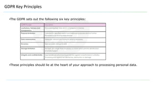 GDPR Key Principles
•The GDPR sets out the following six key principles:
•These principles should lie at the heart of your approach to processing personal data.
 