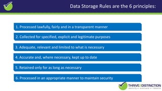 1. Processed lawfully, fairly and in a transparent manner
2. Collected for specified, explicit and legitimate purposes
3. Adequate, relevant and limited to what is necessary
4. Accurate and, where necessary, kept up to date
5. Retained only for as long as necessary
6. Processed in an appropriate manner to maintain security
Data Storage Rules are the 6 principles:
 