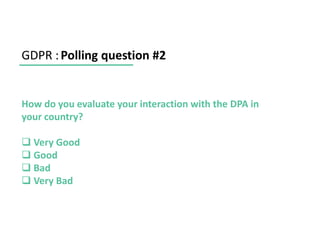 GDPR :Polling question #2
How do you evaluate your interaction with the DPA in
your country?
❑ Very Good
❑ Good
❑ Bad
❑ Very Bad
 