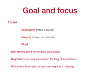 Goal and focus
Focus
Accessibility before accuracy

Mapping instead of assessing

Why?
Best starting point for anything data related

Negotiations on data ‘ownership’, thinking of alternatives

Data protection impact assessment requires a mapping
 