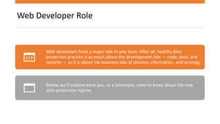Web Developer Role
Web developers have a major role to play here. After all, healthy data
protection practice is as much about the development side — code, data, and
security — as it is about the business side of process, information, and strategy.
Below, we’ll explore what you, as a developer, need to know about the new
data protection regime.
 