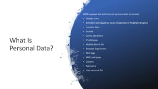 What Is
Personal Data?
GDPR expands the definition of personal data to include:
• Genetic data
• Biometric data (such as facial recognition or fingerprint logins)
• Location data
• Income
• Online identifiers
• IP addresses
• Mobile device IDs
• Browser fingerprints
• RFID tags
• MAC addresses
• Cookies
• Telemetry
• User account IDs
 