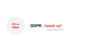 GDPR , heads up!
Expected: May 18th 2018
4% or
€20m
 