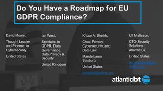 Do You Have a Roadmap for EU
GDPR Compliance?
David Morris,
Thought Leader
and Pioneer in
Cybersecurity
United States
Ian West,
Specialist in
GDPR, Data
Governance,
Data Privacy &
Security
United Kingdom
Ulf Mattsson,
CTO Security
Solutions
Atlantic BT,
United States
ulf.mattsson@atla
nticbt.com
Khizar A. Sheikh,
Chair, Privacy,
Cybersecurity, and
Data Law,
Mandelbaum
Salsburg
United States
ksheikh@lawfirm.ms
 