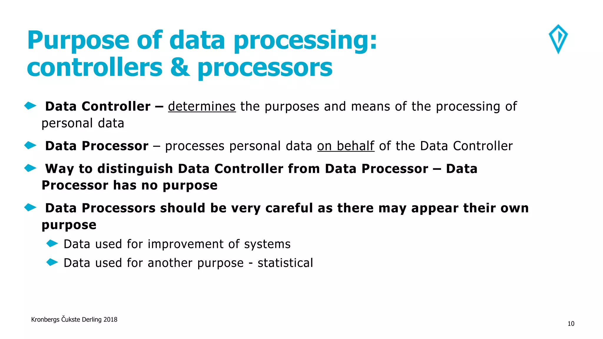 Purpose of data processing:
controllers & processors
Data Controller – determines the purposes and means of the processing of
personal data
Data Processor – processes personal data on behalf of the Data Controller
Way to distinguish Data Controller from Data Processor – Data
Processor has no purpose
Data Processors should be very careful as there may appear their own
purpose
Data used for improvement of systems
Data used for another purpose - statistical
Kronbergs Čukste Derling 2018
10
 