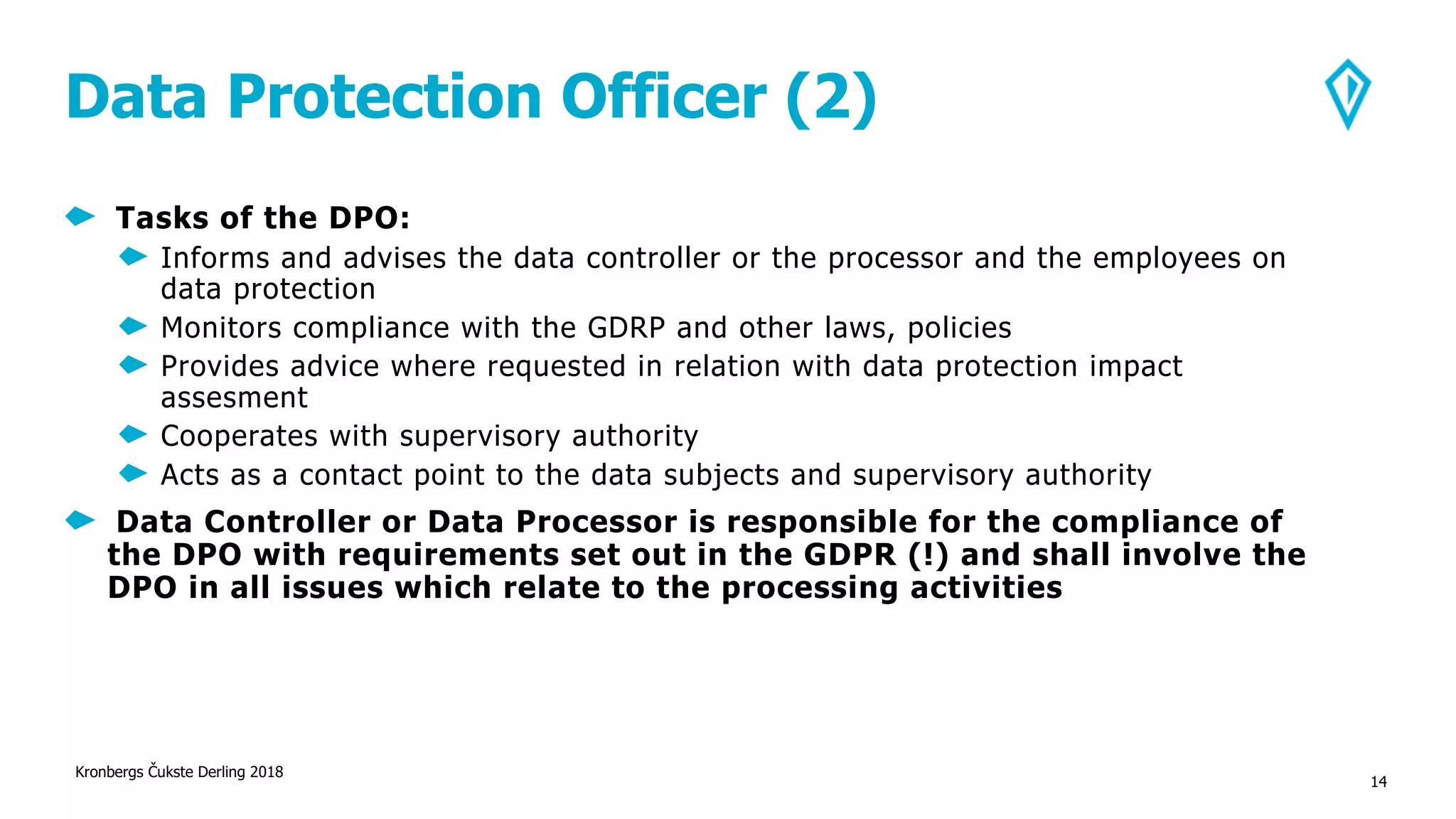Data Protection Officer (2)
Tasks of the DPO:
Informs and advises the data controller or the processor and the employees on
data protection
Monitors compliance with the GDRP and other laws, policies
Provides advice where requested in relation with data protection impact
assesment
Cooperates with supervisory authority
Acts as a contact point to the data subjects and supervisory authority
Data Controller or Data Processor is responsible for the compliance of
the DPO with requirements set out in the GDPR (!) and shall involve the
DPO in all issues which relate to the processing activities
Kronbergs Čukste Derling 2018
14
 
