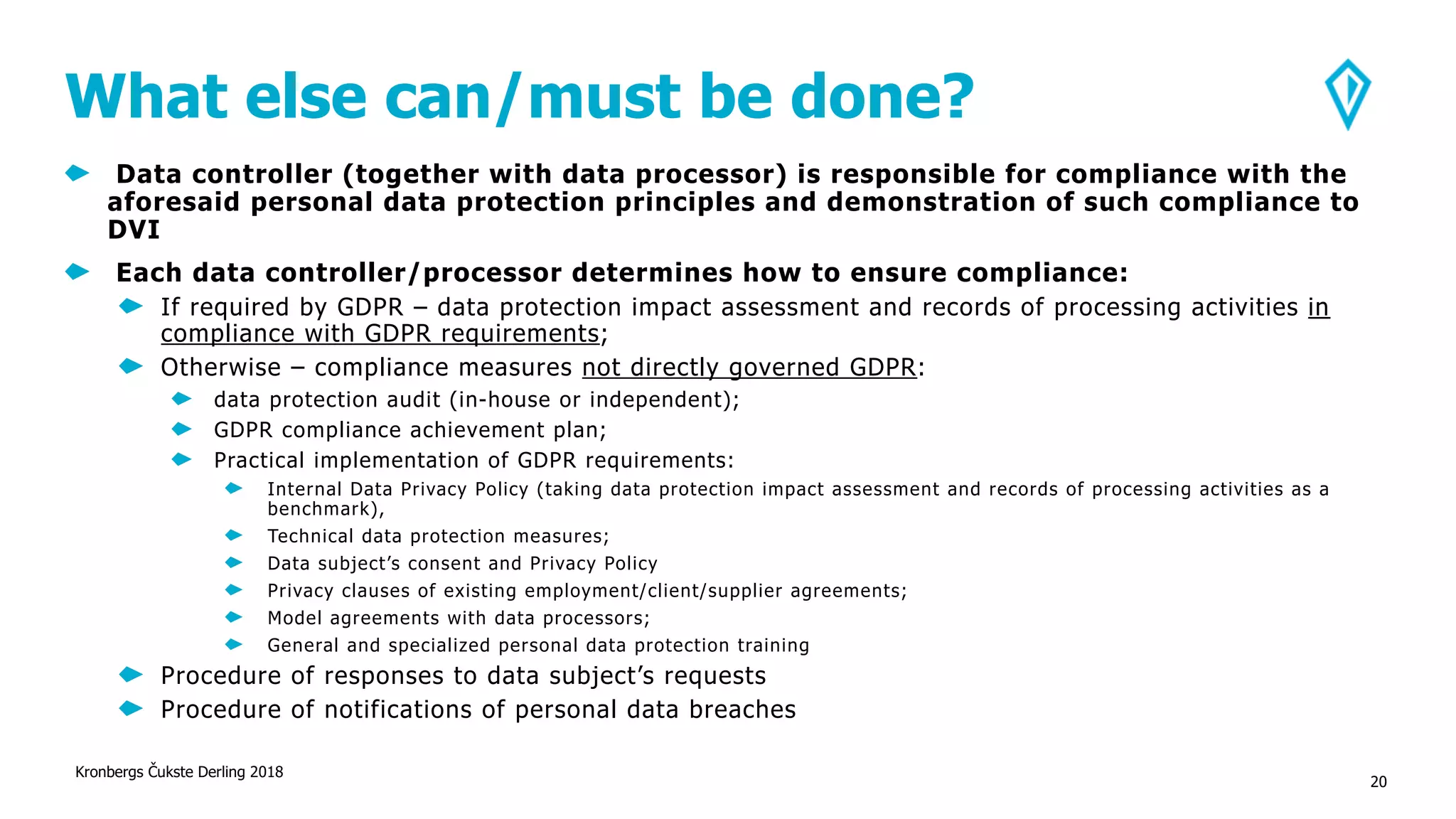 What else can/must be done?
Data controller (together with data processor) is responsible for compliance with the
aforesaid personal data protection principles and demonstration of such compliance to
DVI
Each data controller/processor determines how to ensure compliance:
If required by GDPR – data protection impact assessment and records of processing activities in
compliance with GDPR requirements;
Otherwise – compliance measures not directly governed GDPR:
data protection audit (in-house or independent);
GDPR compliance achievement plan;
Practical implementation of GDPR requirements:
Internal Data Privacy Policy (taking data protection impact assessment and records of processing activities as a
benchmark),
Technical data protection measures;
Data subject’s consent and Privacy Policy
Privacy clauses of existing employment/client/supplier agreements;
Model agreements with data processors;
General and specialized personal data protection training
Procedure of responses to data subject’s requests
Procedure of notifications of personal data breaches
Kronbergs Čukste Derling 2018
20
 