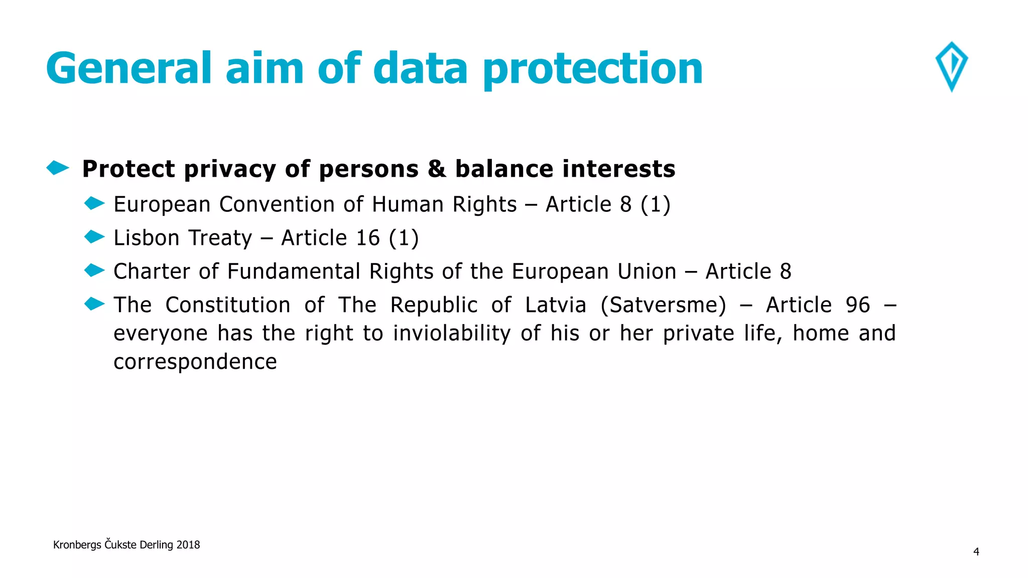 General aim of data protection
Protect privacy of persons & balance interests
European Convention of Human Rights – Article 8 (1)
Lisbon Treaty – Article 16 (1)
Charter of Fundamental Rights of the European Union – Article 8
The Constitution of The Republic of Latvia (Satversme) – Article 96 –
everyone has the right to inviolability of his or her private life, home and
correspondence
Kronbergs Čukste Derling 2018
4
 