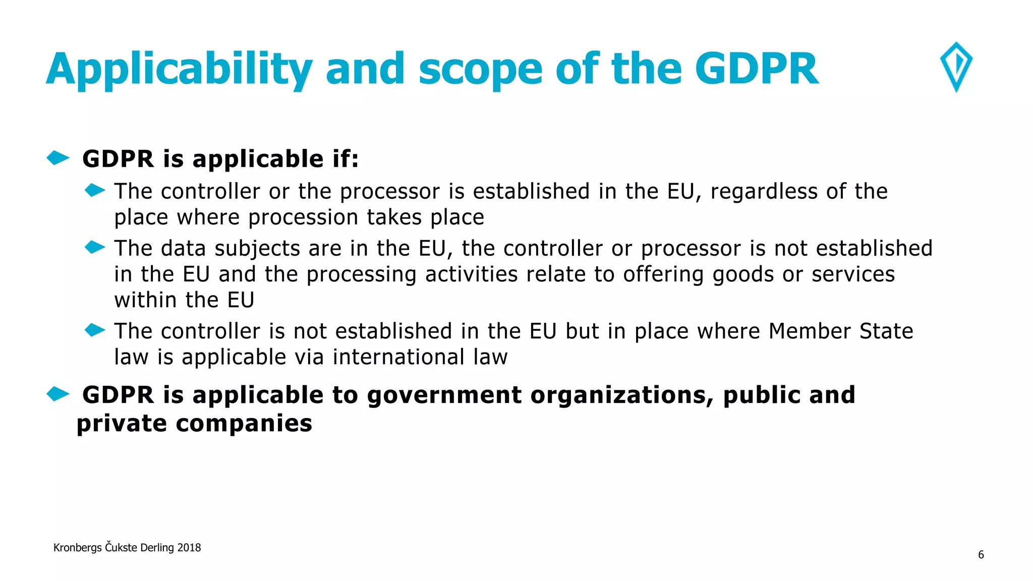 Applicability and scope of the GDPR
GDPR is applicable if:
The controller or the processor is established in the EU, regardless of the
place where procession takes place
The data subjects are in the EU, the controller or processor is not established
in the EU and the processing activities relate to offering goods or services
within the EU
The controller is not established in the EU but in place where Member State
law is applicable via international law
GDPR is applicable to government organizations, public and
private companies
Kronbergs Čukste Derling 2018
6
 