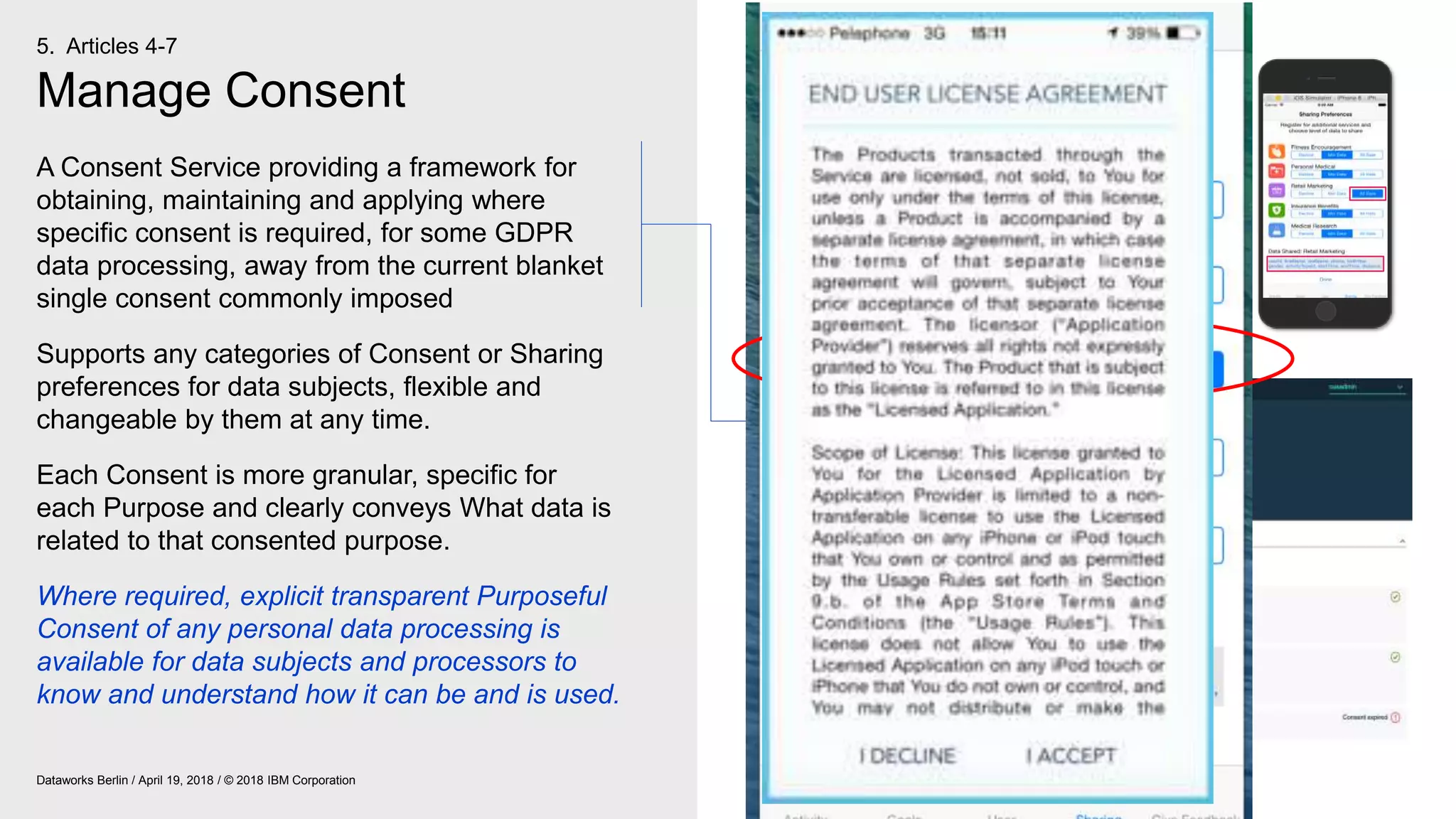 Manage Consent
Dataworks Berlin / April 19, 2018 / © 2018 IBM Corporation
A Consent Service providing a framework for
obtaining, maintaining and applying where
specific consent is required, for some GDPR
data processing, away from the current blanket
single consent commonly imposed
Supports any categories of Consent or Sharing
preferences for data subjects, flexible and
changeable by them at any time.
Each Consent is more granular, specific for
each Purpose and clearly conveys What data is
related to that consented purpose.
Where required, explicit transparent Purposeful
Consent of any personal data processing is
available for data subjects and processors to
know and understand how it can be and is used.
5. Articles 4-7
 