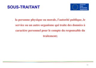 SOUS-TRAITANT
33
. la personne physique ou morale, l'autorité publique, le
service ou un autre organisme qui traite des données à
caractère personnel pour le compte du responsable du
traitement;  
 