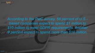 According to the PwC survey, 68 percent of U.S.-
based companies expect to spend $1 million to
$10 million to meet GDPR requirements. Another
9 percent expect to spend more than $10 million.
 