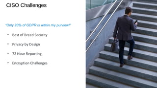 CISO Challenges
• Best of Breed Security
• Privacy by Design
• 72 Hour Reporting
• Encryption Challenges
“Only 20% of GDPR is within my purview!”
 